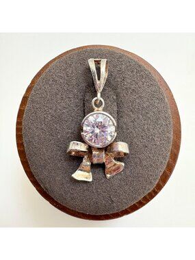 Cubic Zirconia Bezel Set Bow Pendant VTG Sterling Silver 925 Size 1.25" Length